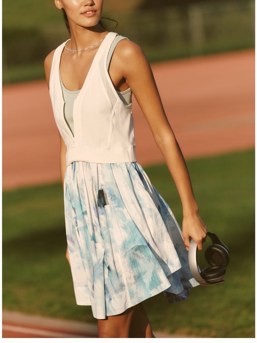 Anthropologie Cream and Blue Watercolor Pleated Skirt Dress